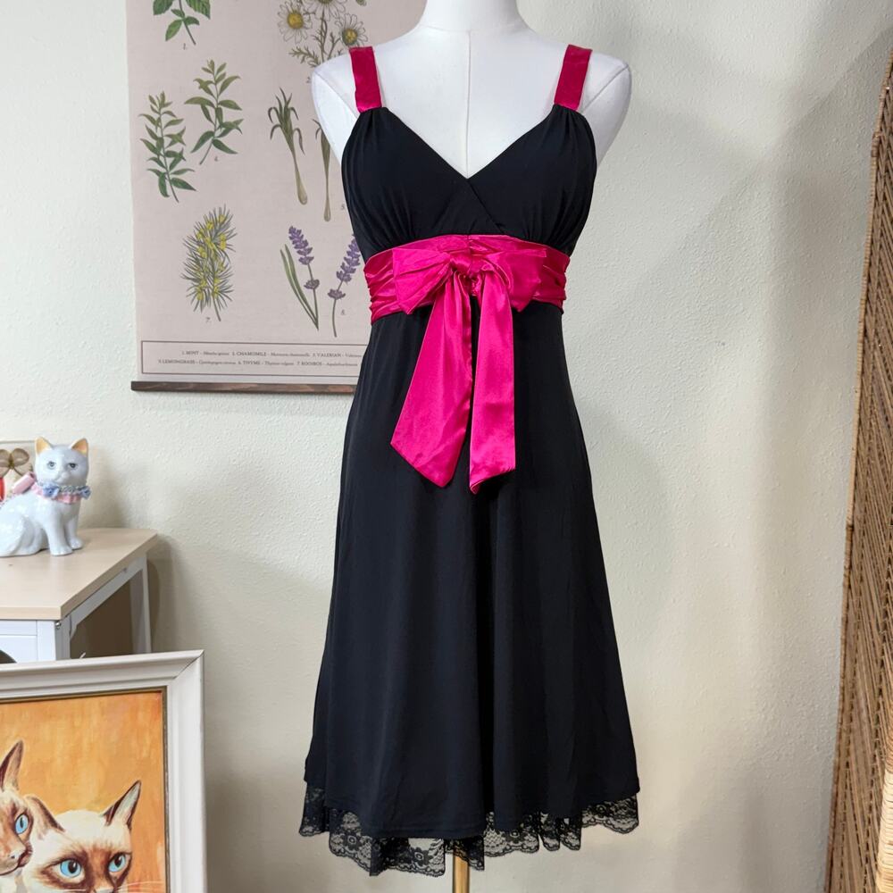 90s Y2k Satin Bow Lace Trim Babydoll Formal Party Dress Romantic Gyaru Trashy S